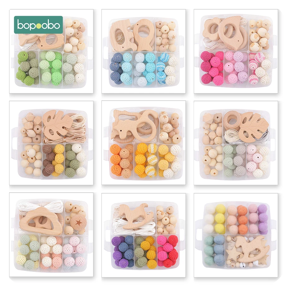 Bopoobo 1Set Baby Teether DIY Silicone Beads Pacifier Clip Chain Baby Mobile Wool ball BPA Free Wooden Crochet Beads Teether