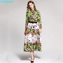 QYFCIOUFU High Quality Designer Two Piece Set Women Long Sleeves Printed Tops And Blouses + Runway Casual Pleated Long Skirts