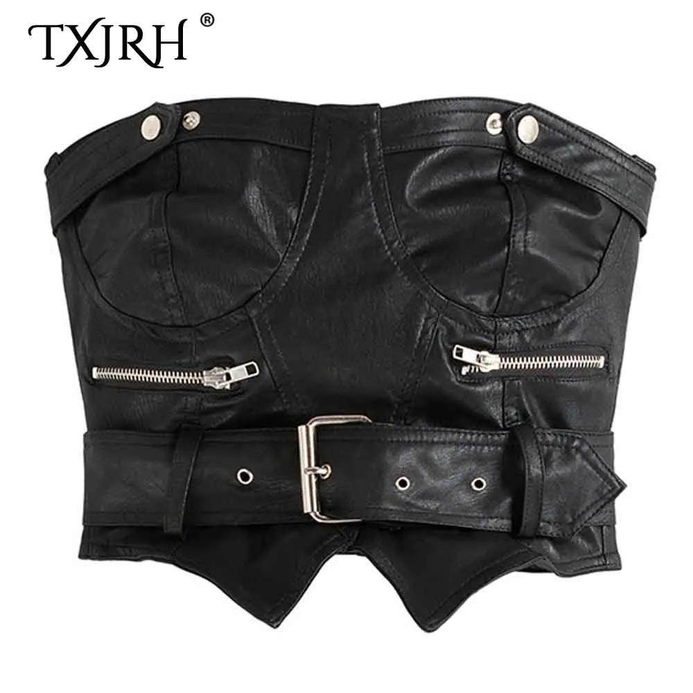 

TXJRH Stylish PU Faux Leather Personality Backless Sleeveless Adjustable Waist Fashion Wrapped Chest Bra Zip Short Tee Crop Tops