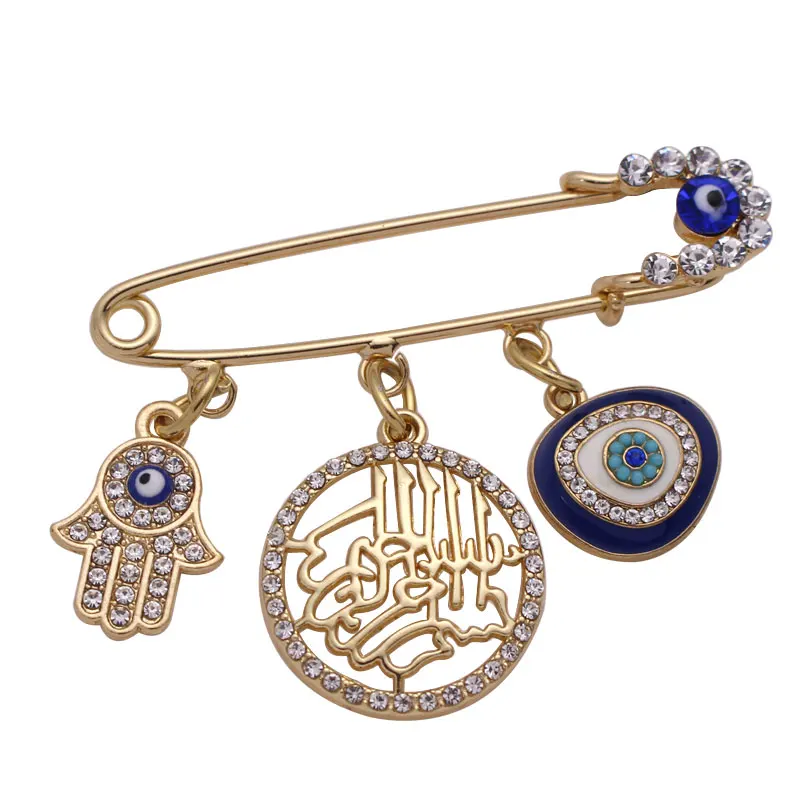 

muslim islam in the name of Allah the merciful hamsa hand of fatima Turkish evil eye Stainless Steel small brooch Baby Pin