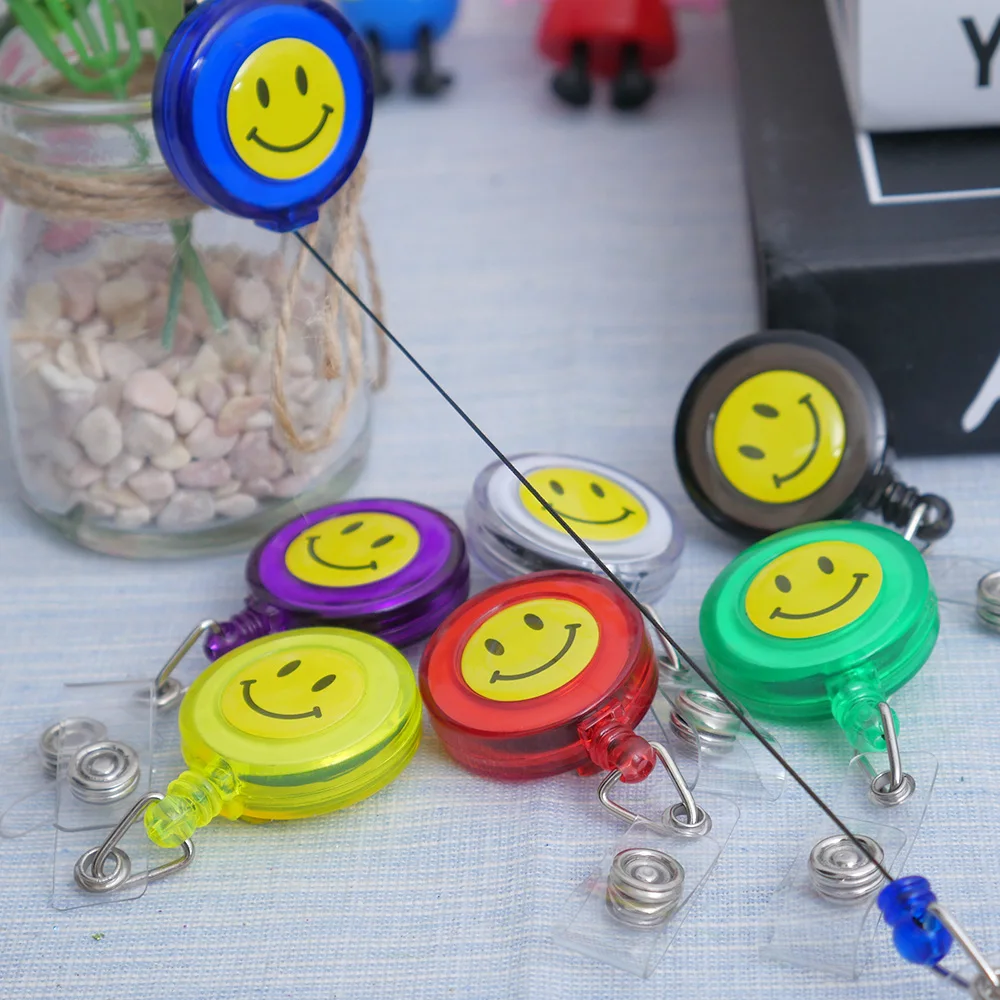 

Compact Design Smiling Face ID Holder Name Tag Card key Badge Holder Retractable Round Solid Translucent ID Holder