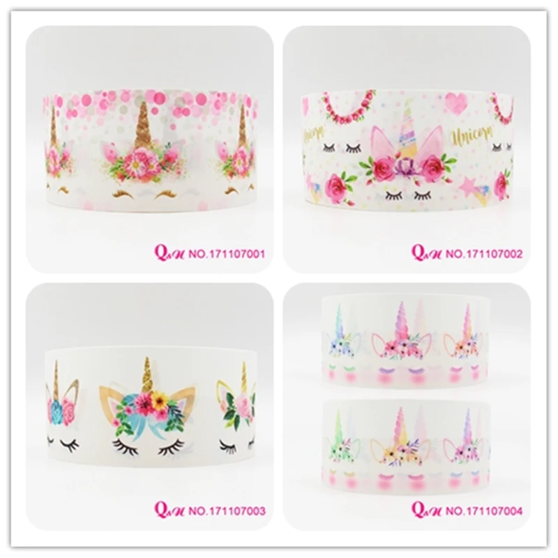 

Q&N ribbon 16mm 22mm 25mm 38mm 50mm 75mm unicorn with flower printed grosgrain ribbon webbing 50yards/roll for hair tie