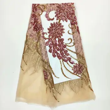 

2019 High Quality French 3D Tulle Wedding African Lace Fabric Sequins Embroidered Nigerian Lace Fabrics For Women Dress Gold