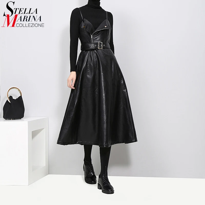 Ceny Nowy 2019 kobiet Faux Leather czarny Midi Sexy bez rękawów pasek do garnituru A Line Spaghetti pasek elegancka odzież klubowa sukienka 3014