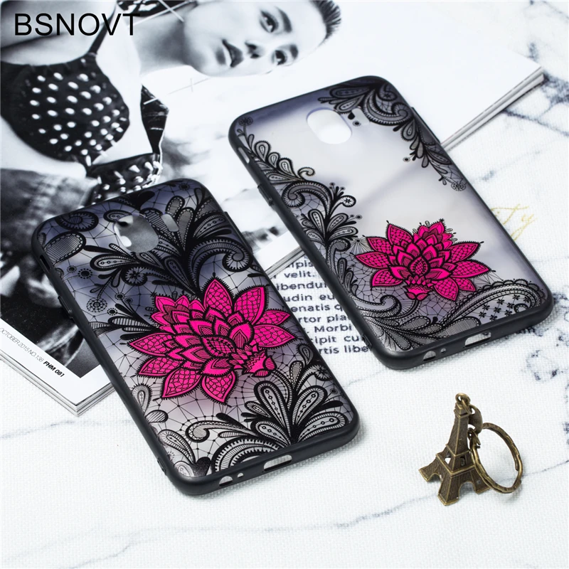 BSNOVT For Samsung Galaxy J6 2018 Case Cover Soft TPU Relief Black Lace Red Flower PC J600G Fundas 5.6&quot |