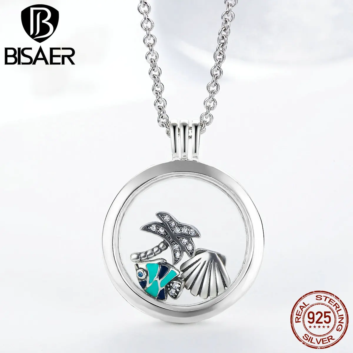 BISAER 925 пробы Серебряное пальмовое дерево Морская ракушка красочная рыба