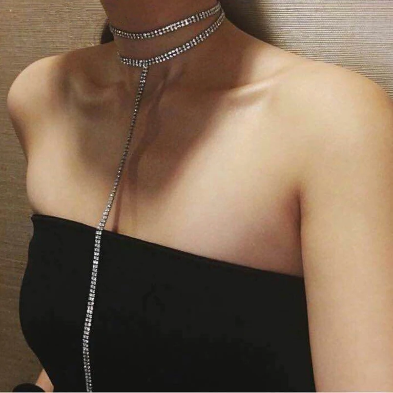 

Double layer chain Austrian crystal T chokers necklaces chokers necklaces for women crystal necklace collares mujer