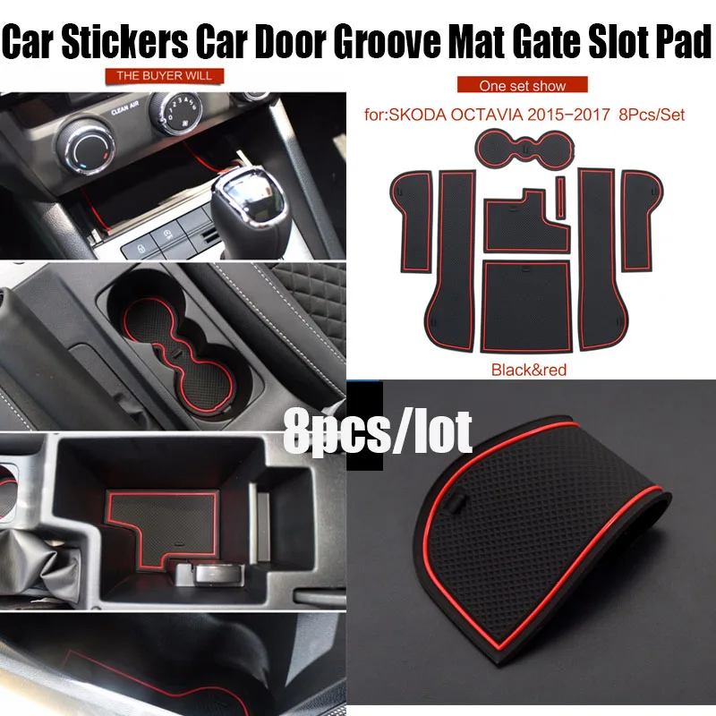 

Car Gate slot mat Interior Door Pad/Cup mats red green white 8Pcs/set For Skoda Octavia 2015-2017 Car-styling Anti Non Slips mat