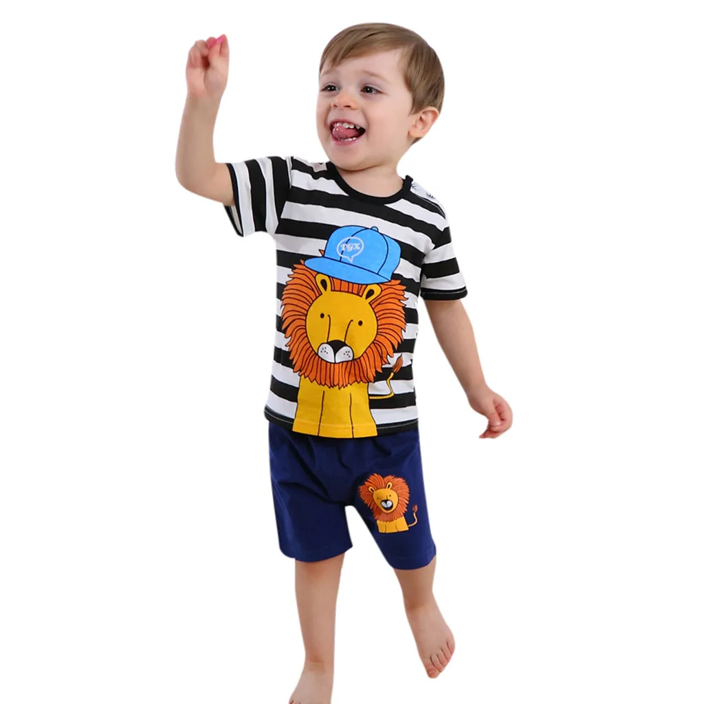 

Infant Baby Boy Stripe Cartoon Printed Short Sleeve Shirt + Shorts Outfit Vetement Enfant Garcon Set Yenidogan Bebek Giyim