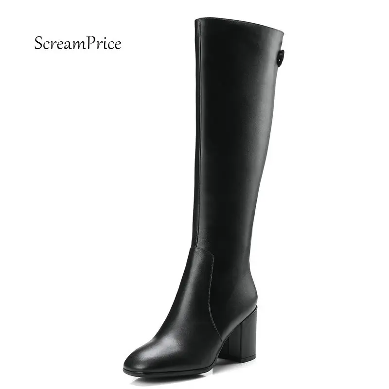 

Ladies Genuine Leather Thick High Heel Knee High Boots Fashion Zipper Square Toe Winter Women Shoes Black