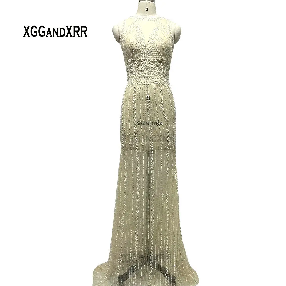 

Sexy See Through Champagne Long Mermaid Prom Dress Luxury Illusion Tulle Evening Formal Party Gown Hollow Back Celebrity Dress