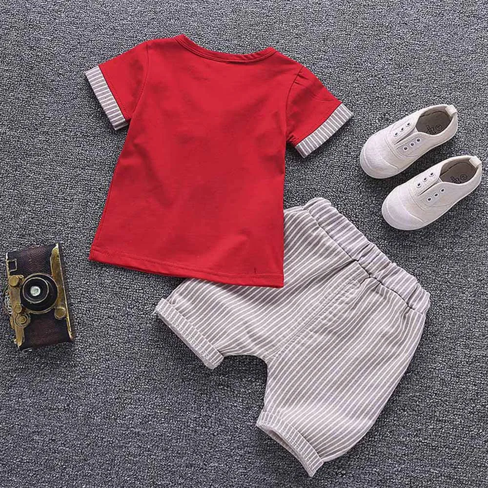 Baby Boy Summer Clothes 2Pcs Infant Baby Kids Striped Boys Letter Tie Tops+Shorts Outfits Clothes Set Vetement Enfant Garcon2019