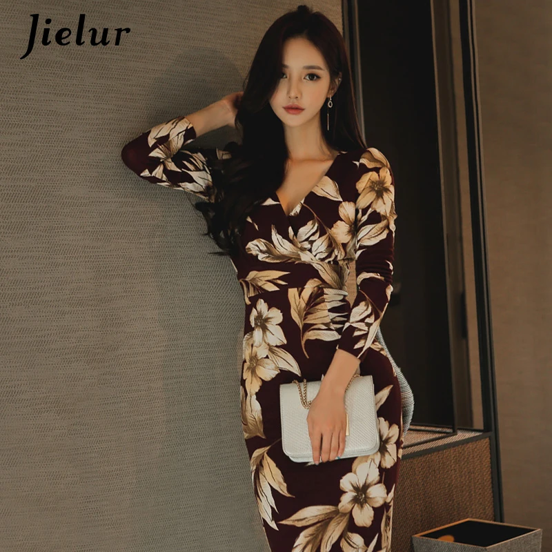 Jielur الربيع اللباس المرأة الخامس الرقبة الأزهار طباعة البوهيمي Bodycon اللباس ضئيلة حزب عطلة مثير فساتين خمر Vestidos دي فييستا
