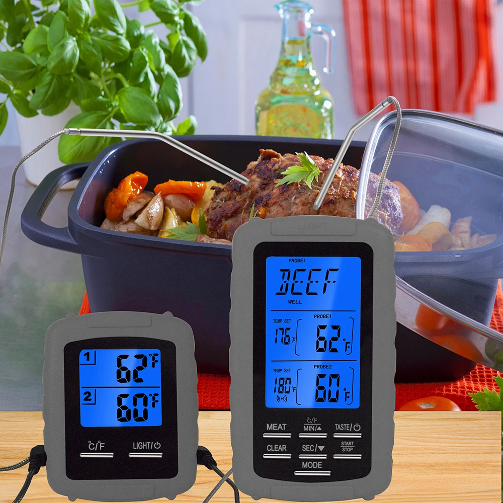 Cheerful Kitchen Wireless Remote BBQ Thermometer Dual Probe Digital Cooking Meat Food Oven Thermometer for Grilling Smoker BBQ - Color: gray