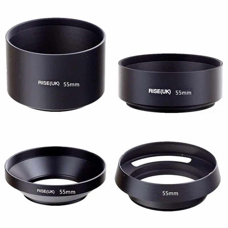 55mm Standard Telephoto Wide Angle Vented Curved Metal Lens Hood Kit