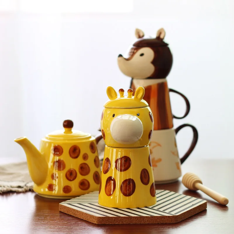 Керамический чайный сервиз домашний мультяшный чайник фильтровальный чайник чайный набор с чашками Милая подглазурная краска для животных керамический чайный сервиз чайник чашка подарок