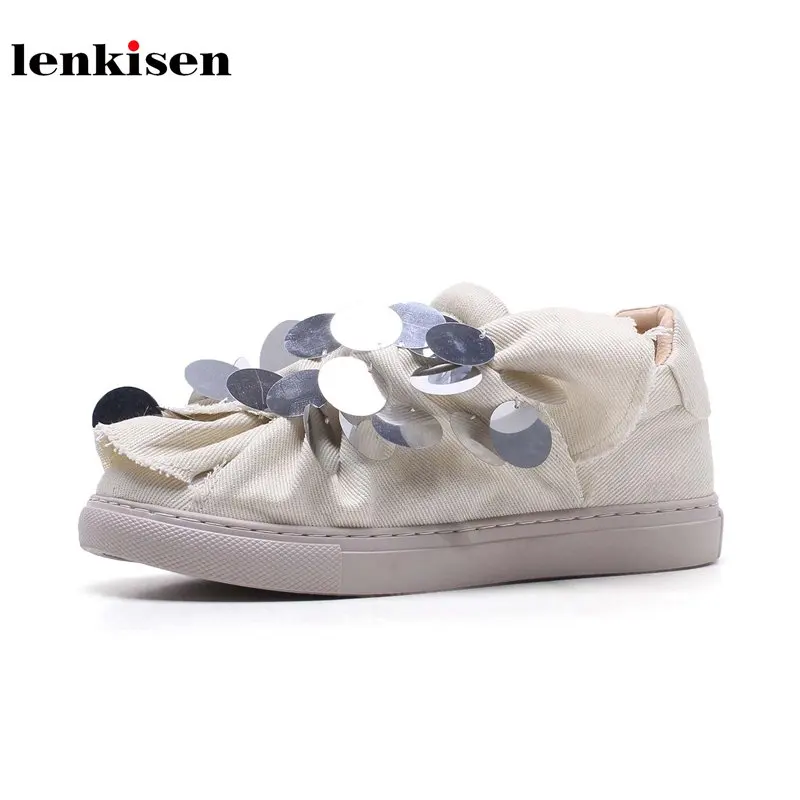 

Lenkisen round toe slip on platform causal cozy bling bling shoes low heel students style increasing women vulcanized shoes L07