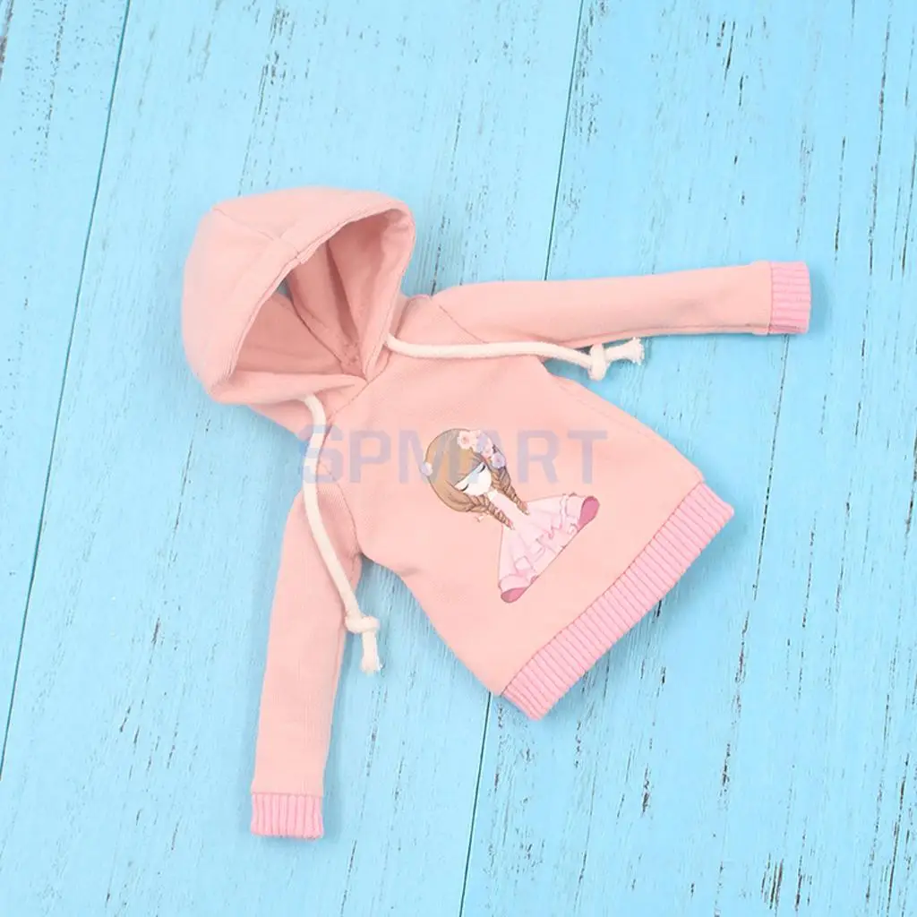 Trendy Pink Hoodie Top with Pretty-Girl Graphic Outfit Clothes for 1/6 Scale Fashion Doll Blythe Azone Licca Accessories