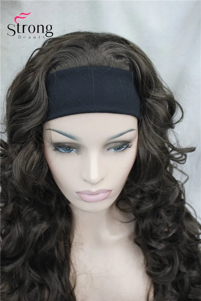Long Wavy Brown Synthetic HeadBand Wig Ladies 3/4 Wigs With headband