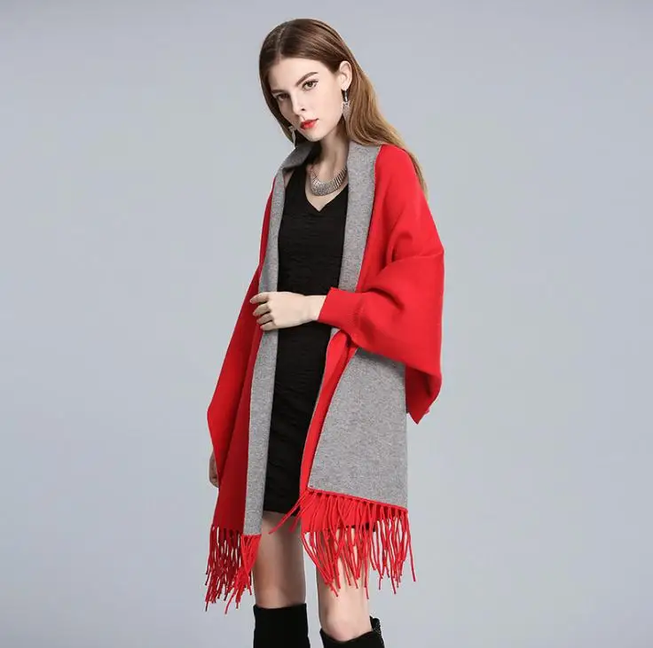 Зимний женский шарф, большие размеры, зимние шарфы, длинная шаль, толстая, теплая, с кисточками, с вышитыми цветами, пончо, с принтом, женский шарф, накидка - Цвет: red gray