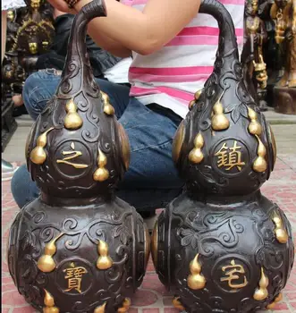 

23" Chinese Bronze Gilt Bixie Zhen zhai Gourd Cucurbit Calabash Pair Statue