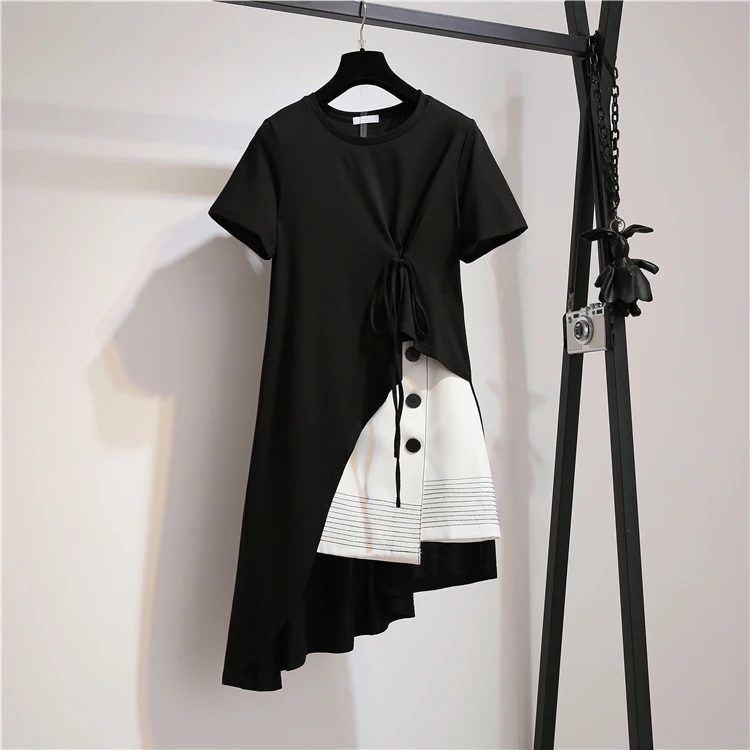 Neploe Женский комплект 2 шт., летнее однотонное платье с круглым вырезом и короткими рукавами на завязках+ однобортная короткая юбка, модные костюмы 43662 - Цвет: black