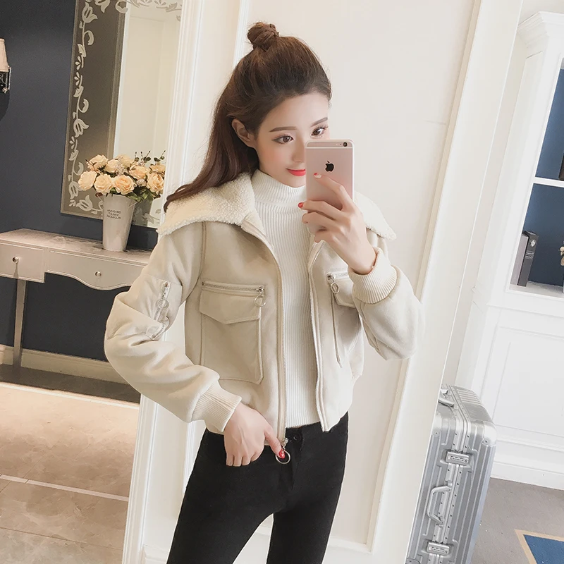 Korean tide lapel Autumn winter wear plus velvet denim jacket coat loose wild coat bomber jacket woman veste femme chaquetas 
