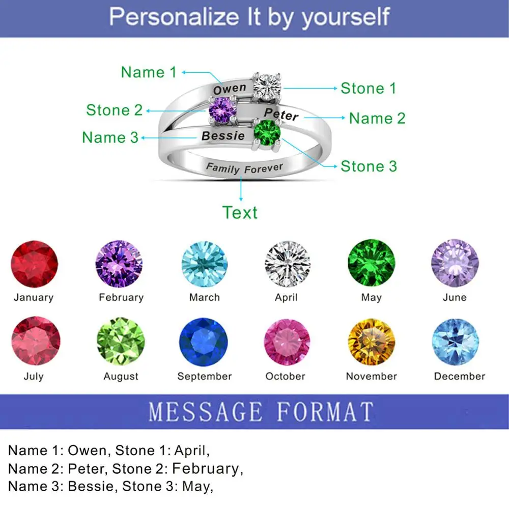Customized Name Engraved Birthstones Rings 002
