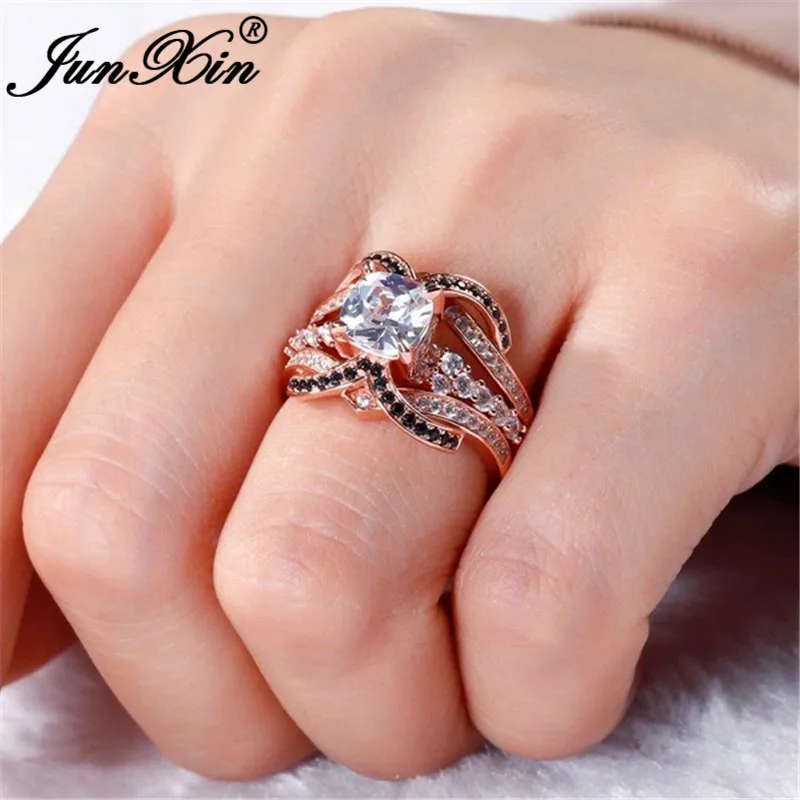 JUNXIN Creative Cross X Ring Sets For Women Rose Gold Filled White Black Zircon Stone Wedding Ring Female Round Crystal Ring CZ