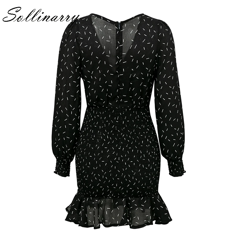 Sollinarry с длинным рукавом Повседневное сексуальное короткое платье; Для женщин летний комплект одежды с рюшами черный Платья для вечеринок обтягивающие, с эластичным поясом роковой женщины