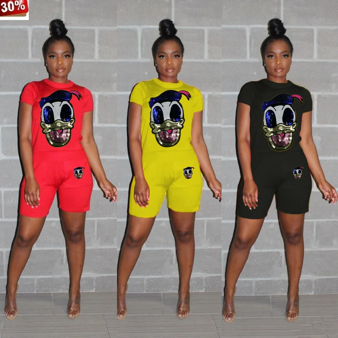 

Shorts Set Sequin Cartoon Sequins Two Piece Women Casual Tracksuit 2019 Summer Fashion Tops Short Pants Women Plus Size Outfit