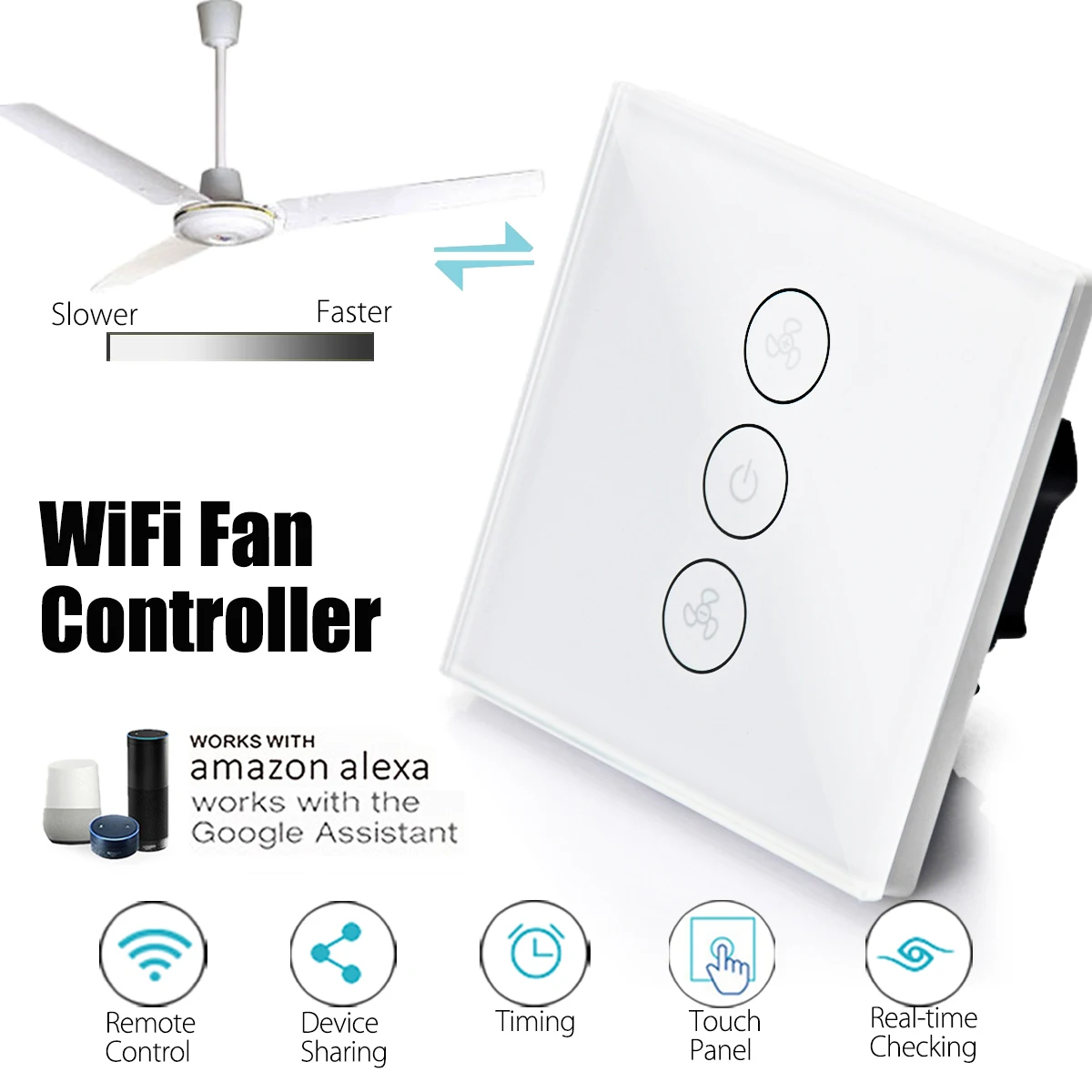 

3 Gang EU Smart Ceiling Fan Switch Wifi APP Timer Control Speed Remote Panel Wall Switch Works With Alexa Google Home