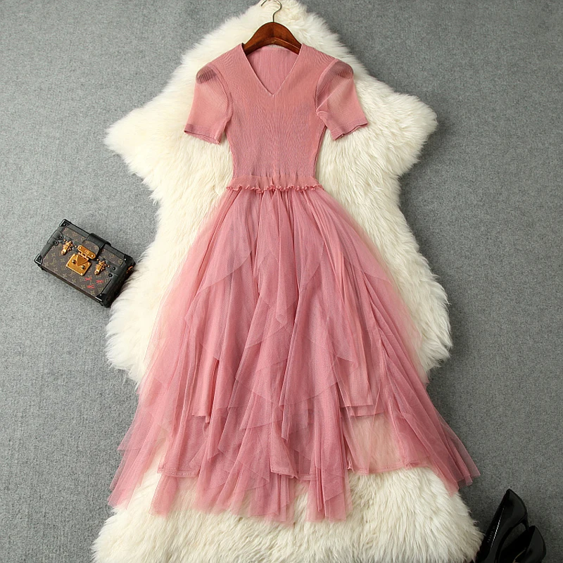 

hot girl Runway Womens Sweet dress 2019 new spring Summer Elegant Short sleeve V Neck Dress Casual Sexy Asymmetrical dresses