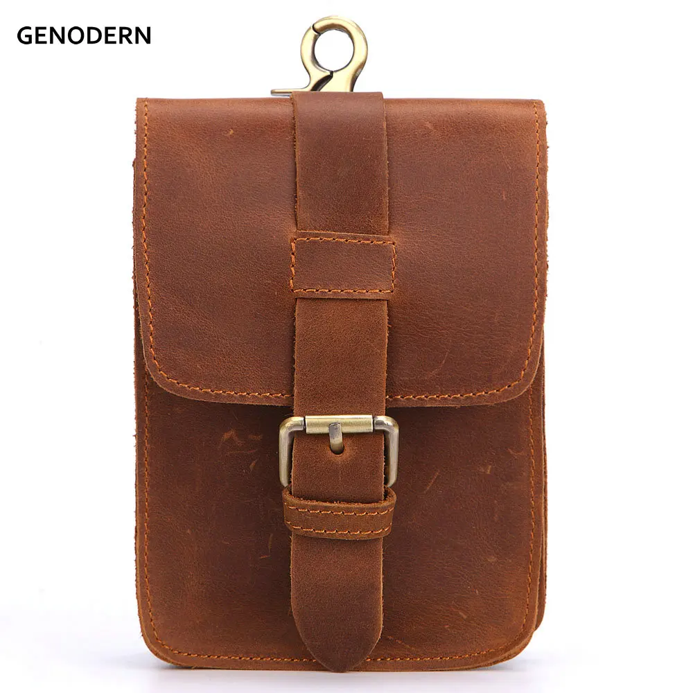 

GENODERN Genuine Leather Men's Waist Pack With Belt Hook Hip Bum Bag Travel Fanny Pack Functional Mobile Phone Pouch Waist Bag