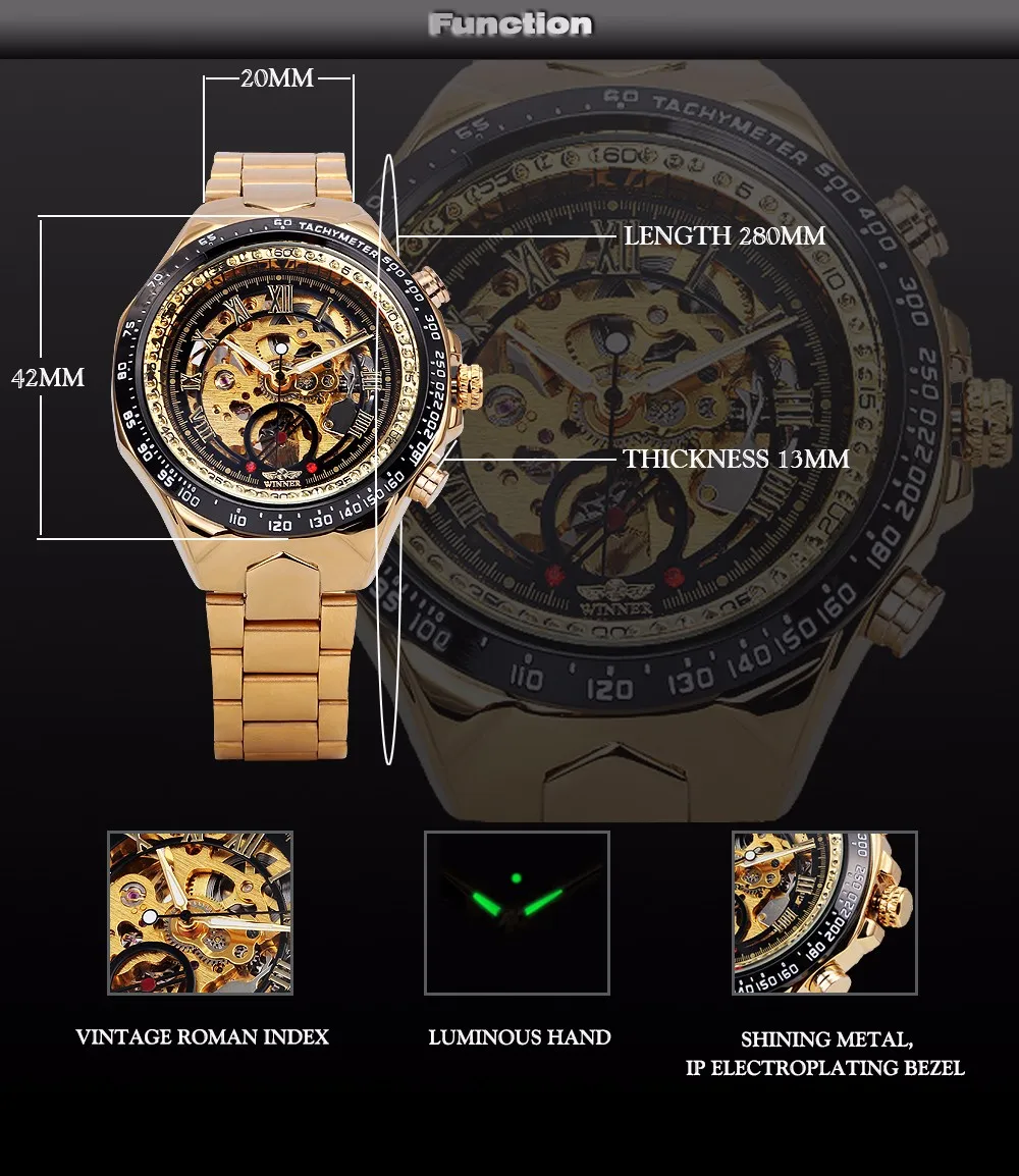 Победитель часы мужские Скелет автоматические механические золотистые часы-скелетоны винтажные часы Скелет Мужские часы s часы лучший бренд класса люкс