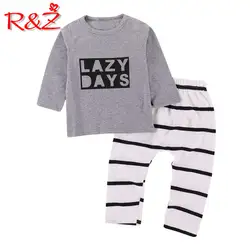 R & Z/2018 г. весенне-осенние детские топы с надписями, серый комплект со штанами в полоску, комплект из двух предметов