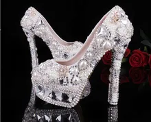 2016 Gorgeous Round Toe White Pearl Wedding Dress Shoes Lady Platform Rhinestone Bridal Dress Shoes Woman High Heel Dance Shoes