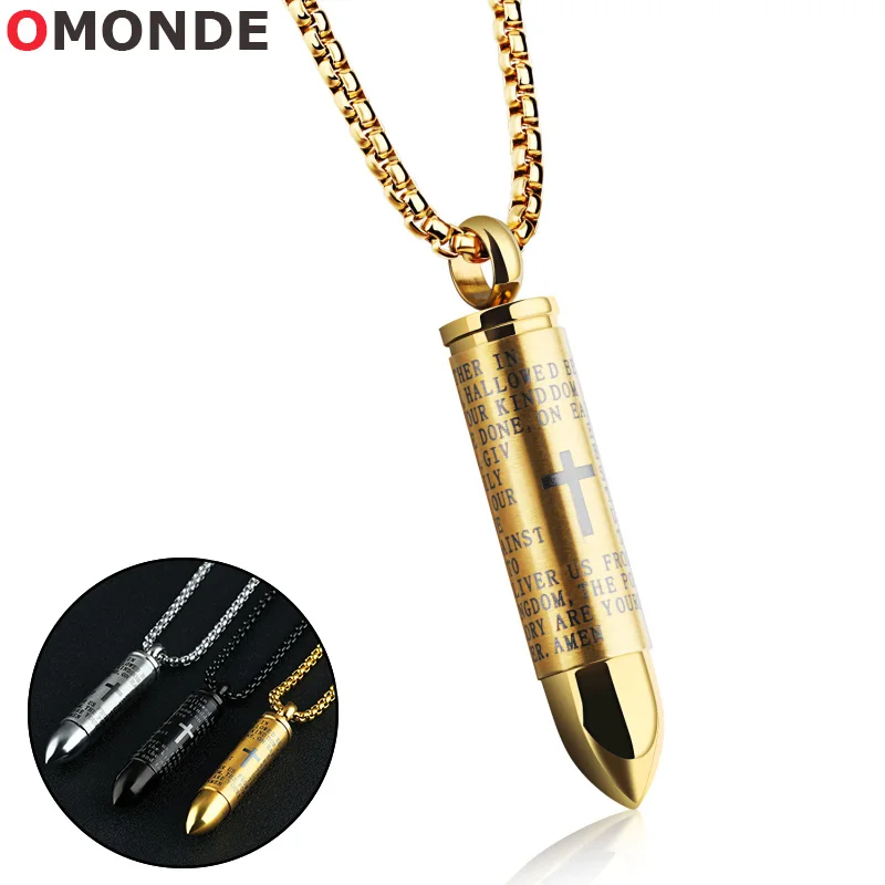 

Bullet Pendant Necklace Men Gold Silver Black Color Stainless Steel Cross Scriptures for Male Neck Fashion Statement Jewelry