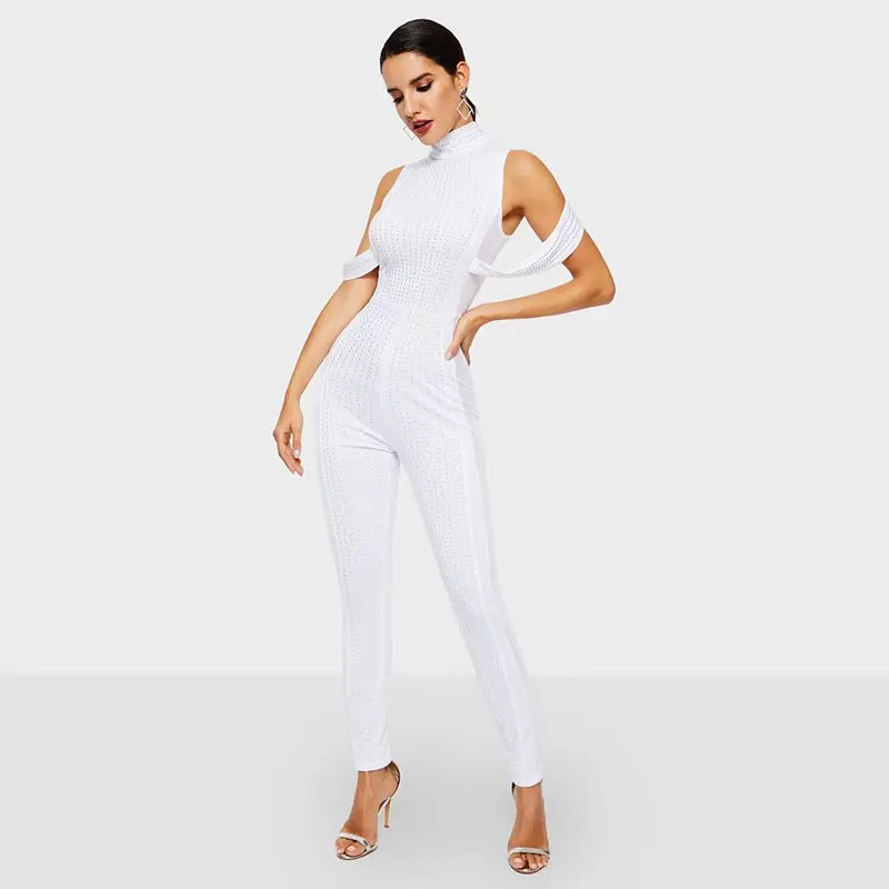 

Off Shoulder Sexy Jumpsuit Women Sequins Beading Mesh See Through Club Slim Rompers White Turtleneck Ladies Black Long Jumpsuits