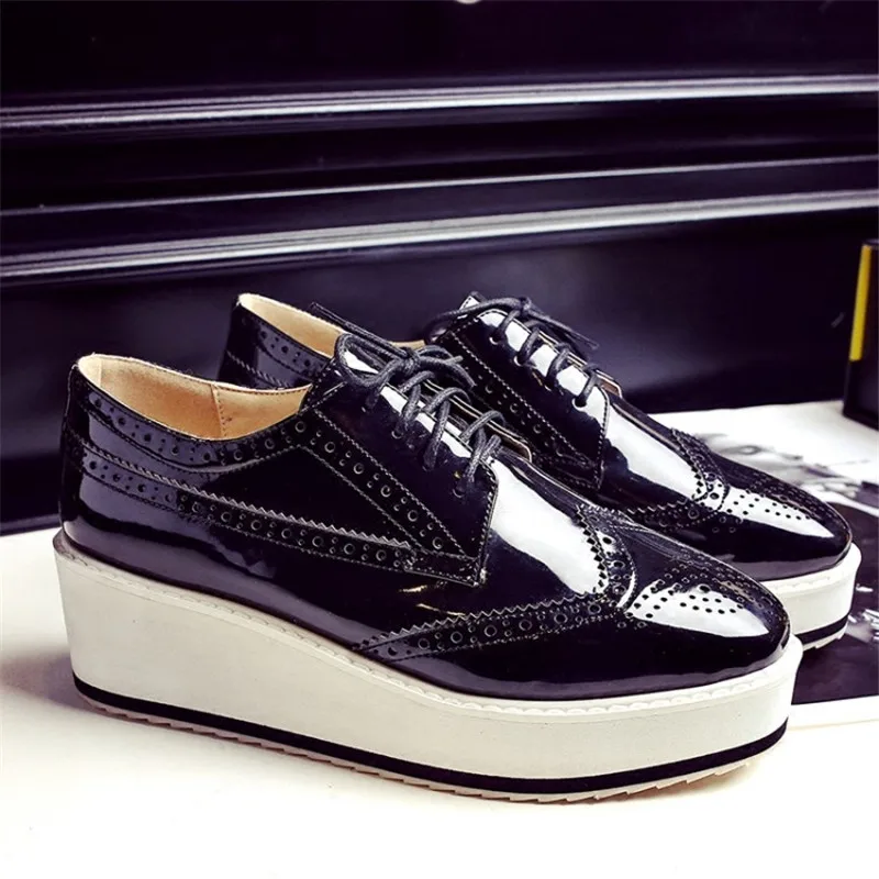 Plus Size 32-48 Women Pumps Oxfords Fashion Patent Leather Wedges Women Shoes Black Silver Lace Up Ladies Brogue Shoes High Heel (18)