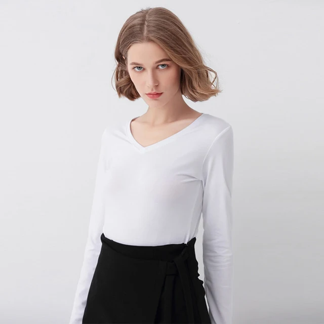 2018 Long Sleeve Shirt Women Tops T Shirt White Black V Neck Modal
