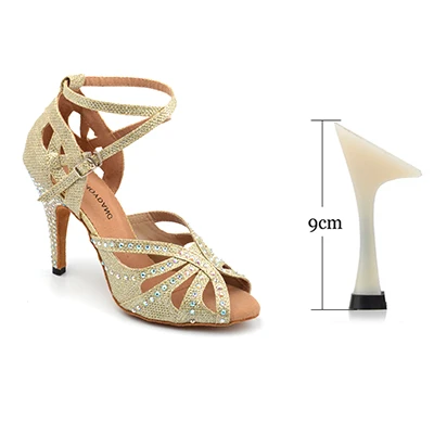 SHOYDANC Обувь для танцев Для женщин Латинской золотого, серебряного цвета блестящая ткань Обувь для танцев Женская обувь со стразами Сальса Самба Танго - Цвет: Golden 9cm