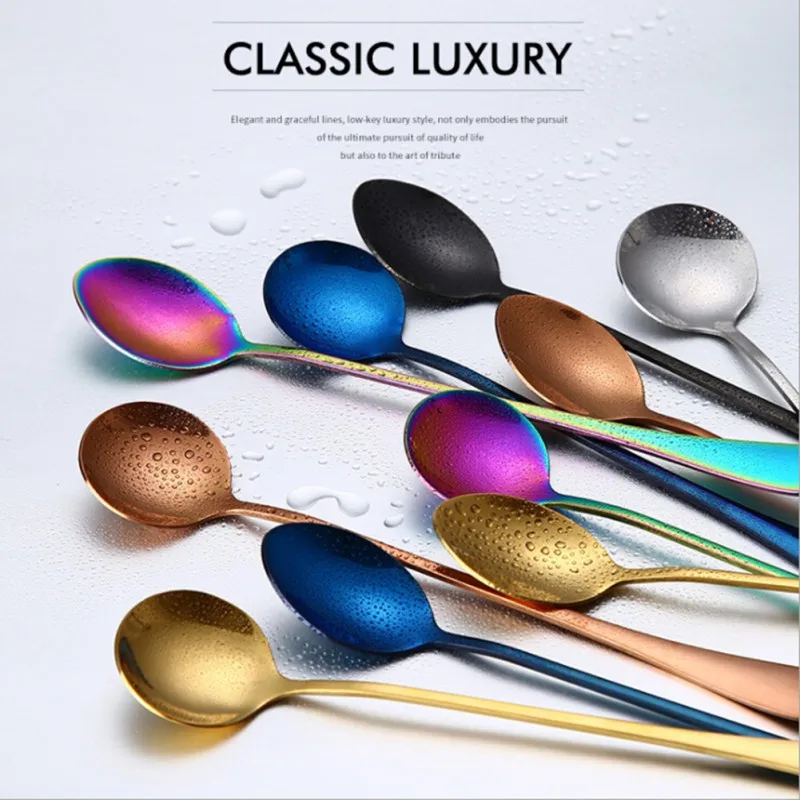 

NORBI Kitchen Stainless Steel Titanium Gold Rainbow Coffee Blender Spoon Cold Fruit Ice Cream Drink Dessert Tea For Home Spoons