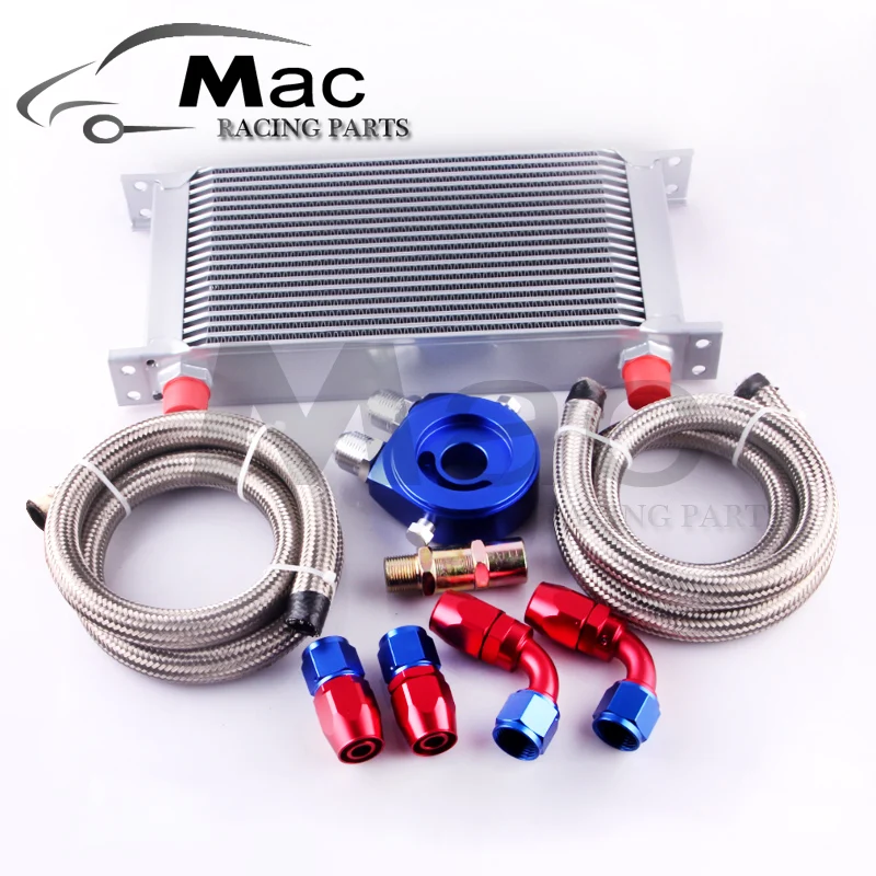 

AN10 OIL COOLER KIT 19ROWS TRANSMISSION OIL COOLER SILVER+OIL FILTER ADAPTER BLUE + STAINLESS STEEL BRAIDED HOSE