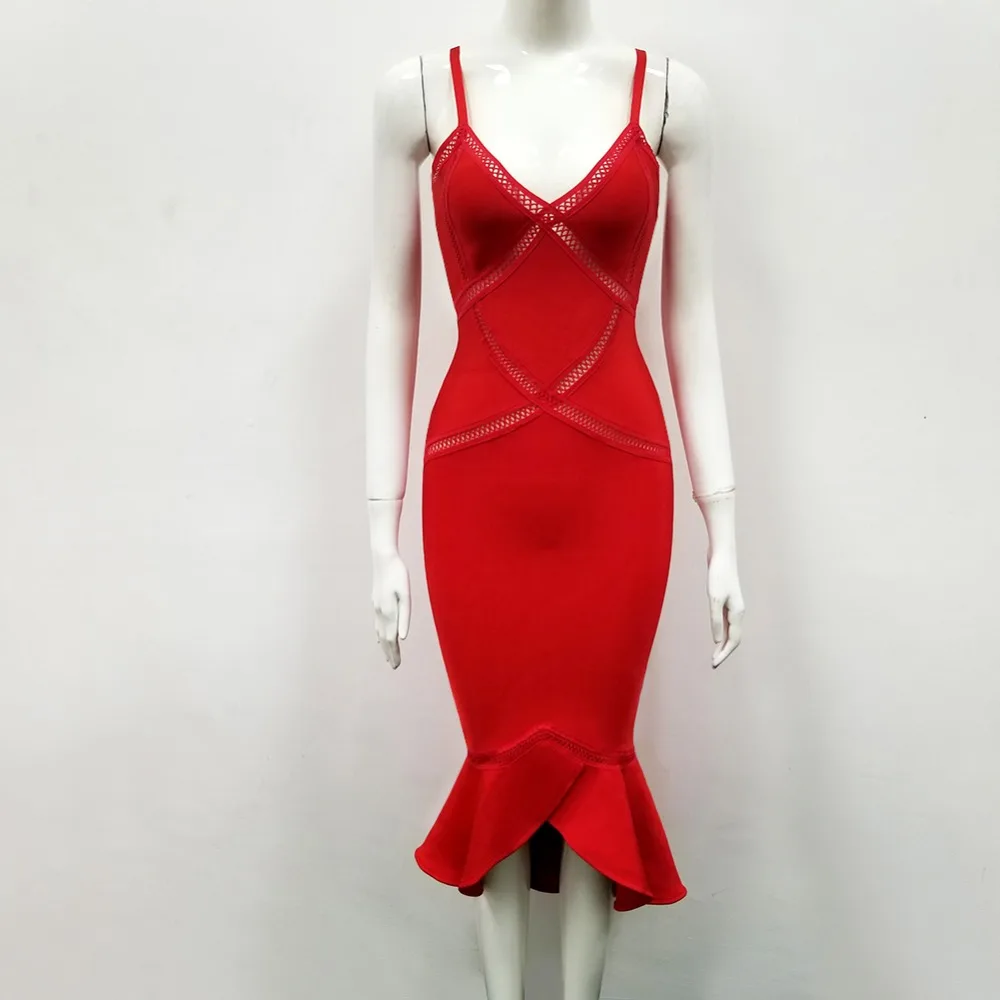 Женское красное платье с оборками и v-образным вырезом на бретельках Vestido Celebrity вечернее облегающее платье платья