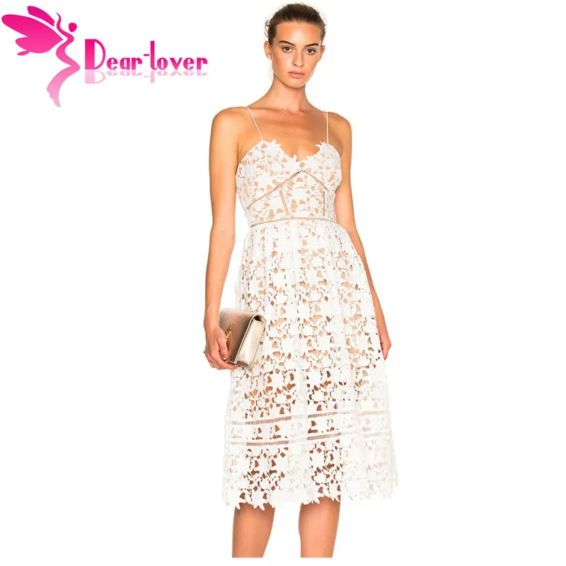 Dear Lover Party Dresses Womens Elegant Sexy spaghetti strap Lace Hollow Out Nude Illusion Mid-Calf Dress Vestido de Renda 61636