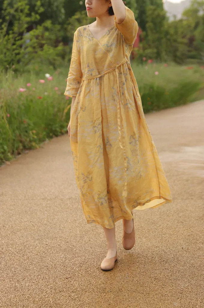 

Summer High-grade Ramie Dress Digital Printing V-neck Seven-point Sleeve Dress Retro Casual Belt Dress Robes