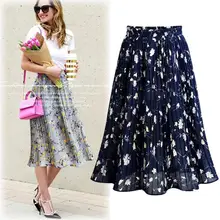 Queechalle Лето цветочный принт женские плиссированные юбки эластичный пояс Империя шифоновая юбка женская до середины икры длинные юбки для женщин