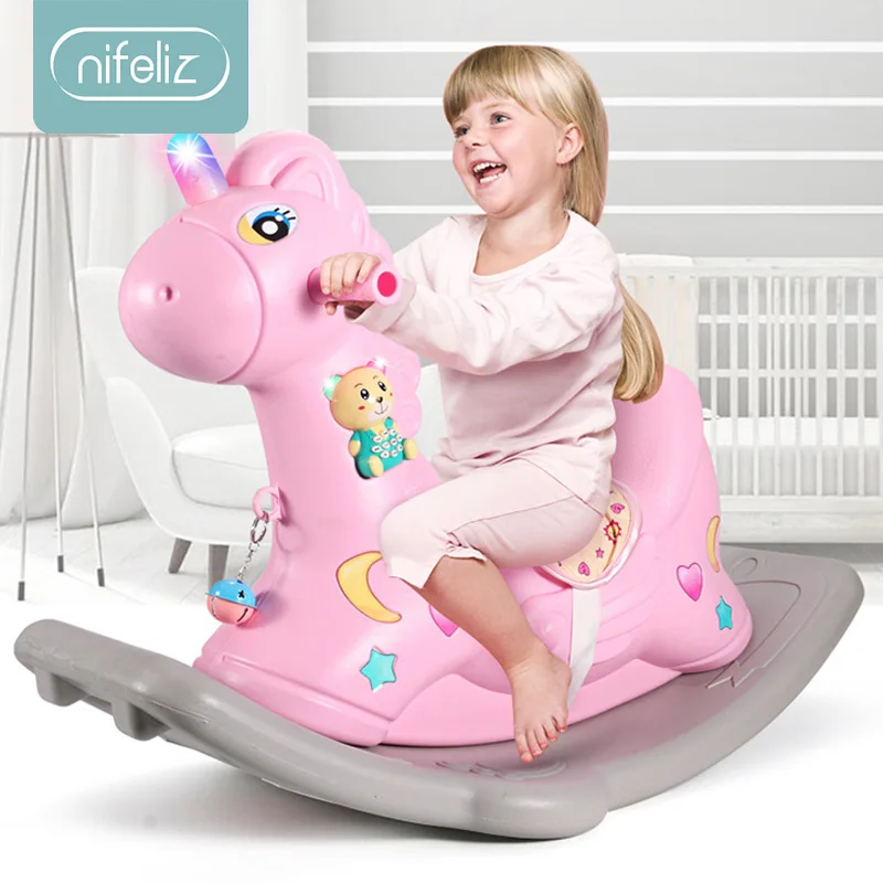 

2 in 1 Children Rocking Horse Thickening Plastic Ride on Animal Toys Rocking Horse with Safety Harness Seat Music Baby