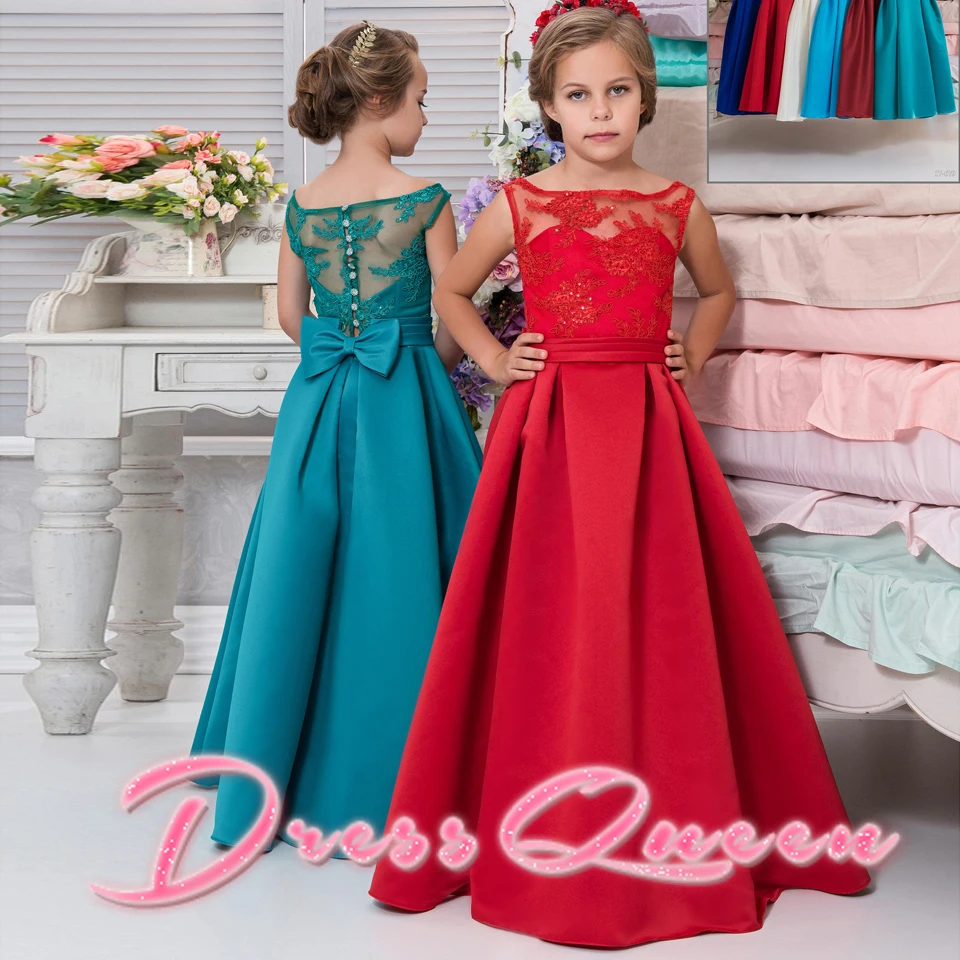 

2017 New Flower Girl Dresses For Wedding Ankle Length A-Line Sleeveless Back Bow Satin Communion Gown Vestidos Longo Custom Made